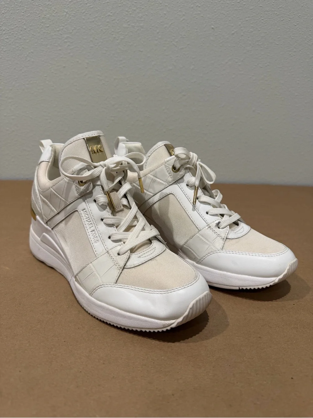 Michael Kors Cream and Gold Wedge Lace-Up Sneakers
